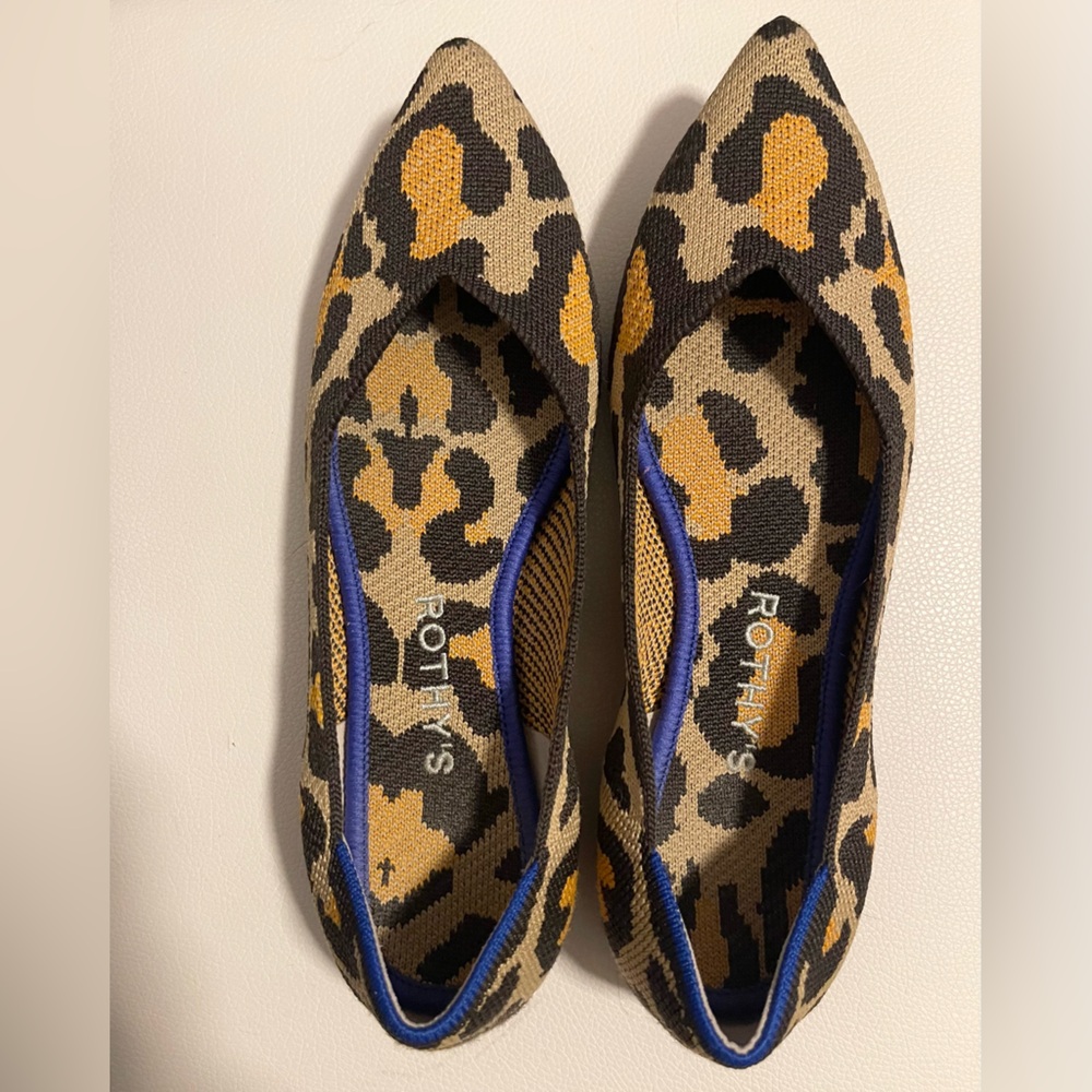 Rothy's Leopard Print Pointed Toe Flats with Blue Trim